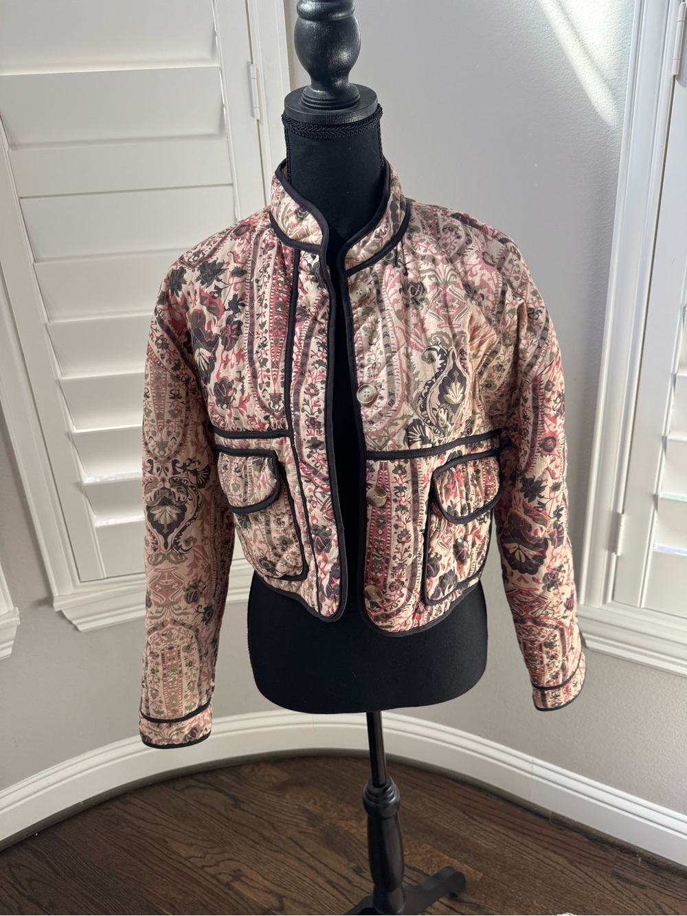 7 For All Mankind Pink Paisley Quilted Cropped Bomber Jacket with Black Trim